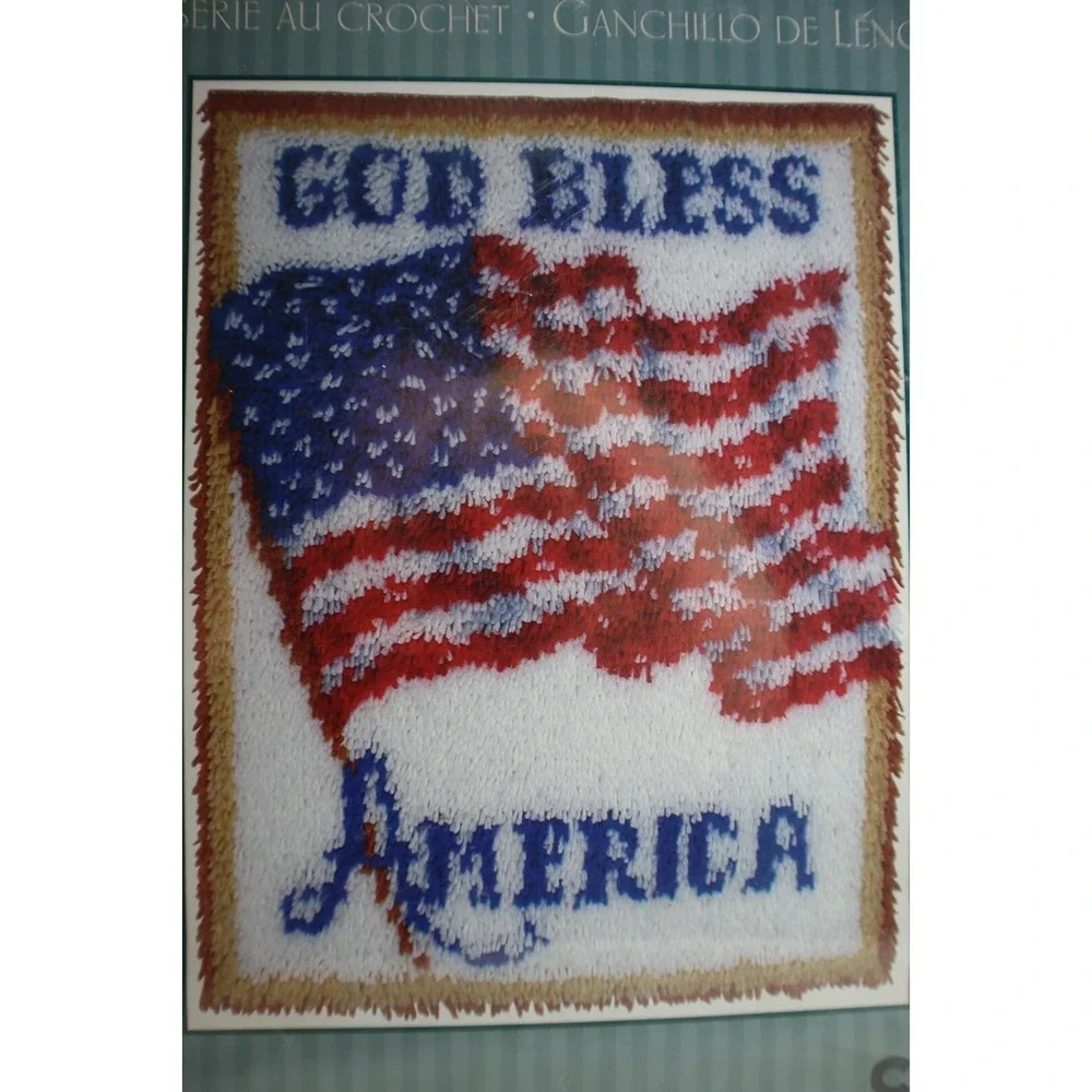 1990s Vtg Caron Latch Hook Kit R028 God Bless America Flag 20x27 Americana craft